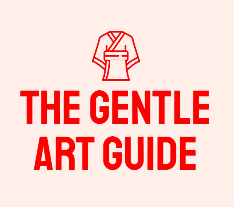 Red kimono icon above bold red text THE GENTLE ART GUIDE on a pale pink background.