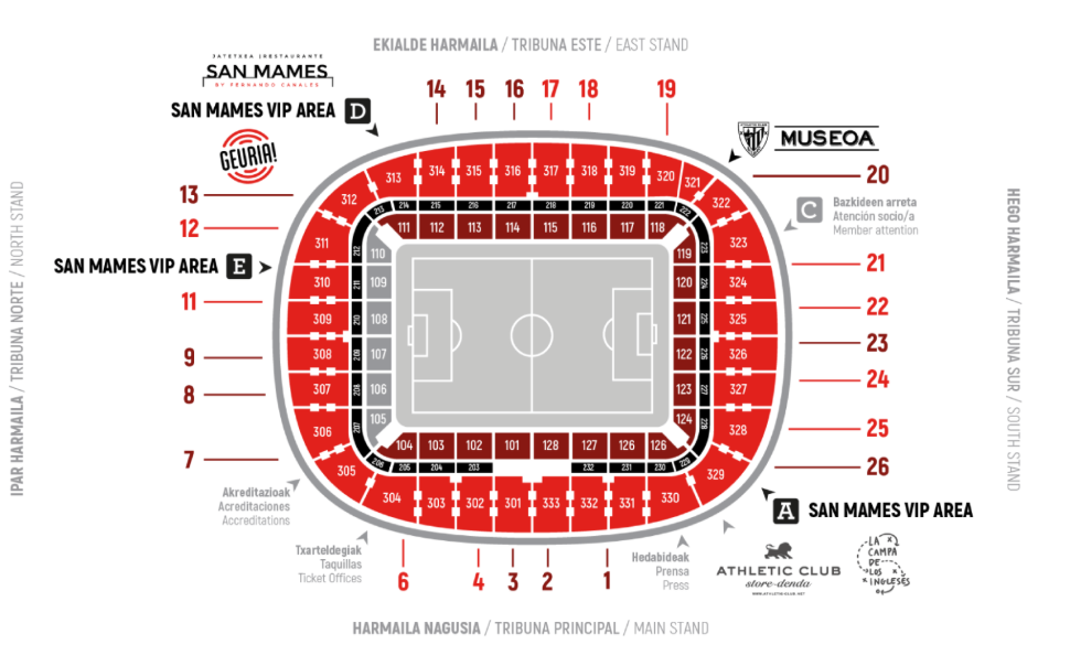 San Mamés stadium seating map with red and black sections, field in center, VIP areas, stands, and section numbers around.