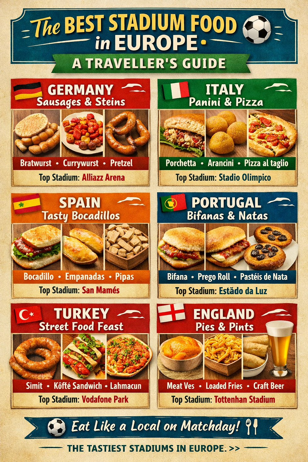 Infographic of European stadium foods with country panels, flags, dishes, and text like The Best Stadium Food in Europe and Eat Like a Local on Matchday!