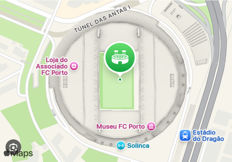 Map of Estádio do Dragão with a green location pin centered on the stadium; labels include Museu FC Porto and Túnel das Antas I.