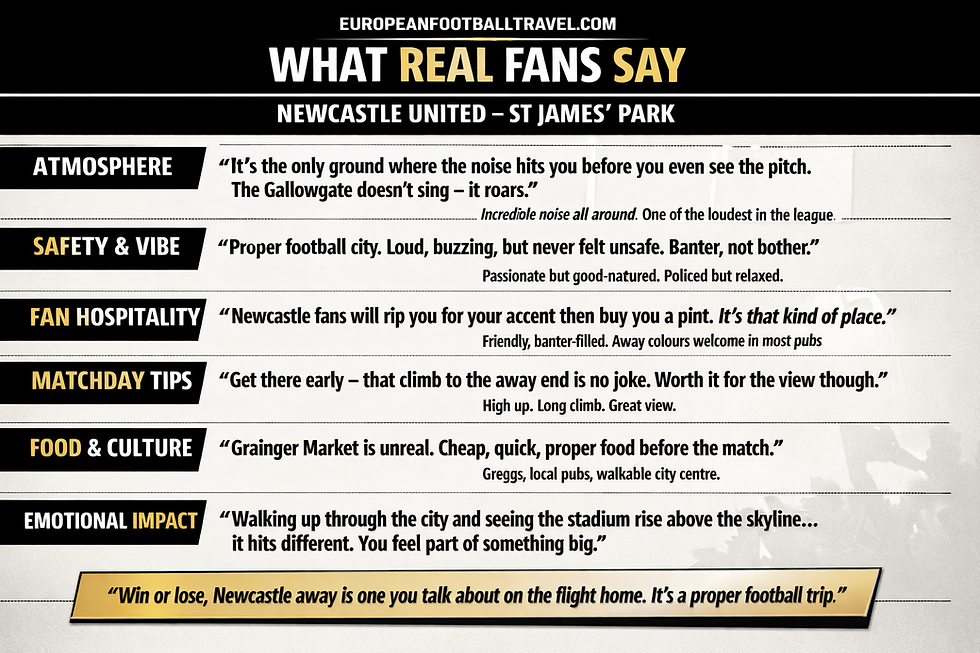 Infographic of fan quotes about Newcastle United’s St James’ Park, praising atmosphere, safety, hospitality, food, and matchday feel.
