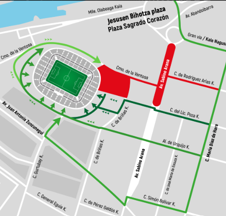 Map of Jesusen Bihotza Plaza/Plaza Sagrado Corazón showing a green stadium, red highlighted route, and surrounding streets.