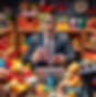A man in a suit sits at a desk with a laptop, surrounded by colorful toys, holding a phone and documents, creating a busy, playful scene.