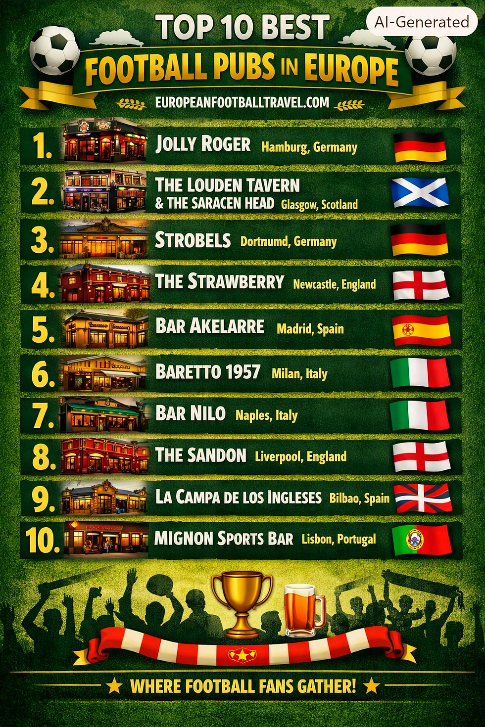 Poster ranking top 10 football pubs in Europe, with pub photos, country flags, trophy and beer icons on a green background.
