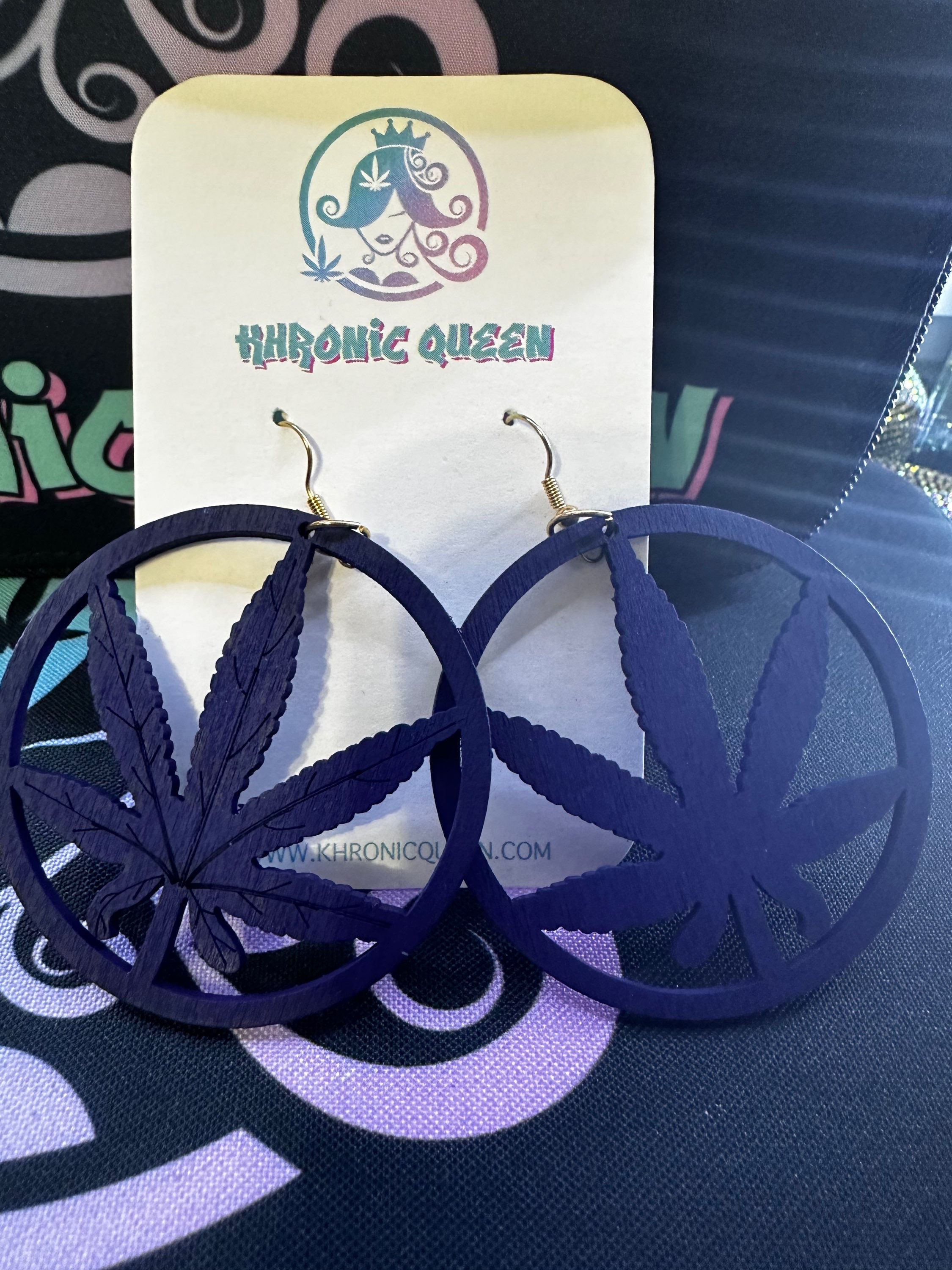 KHRONIC QUEEN Handmade Navy blue wooden Cannabis leaf earrings 