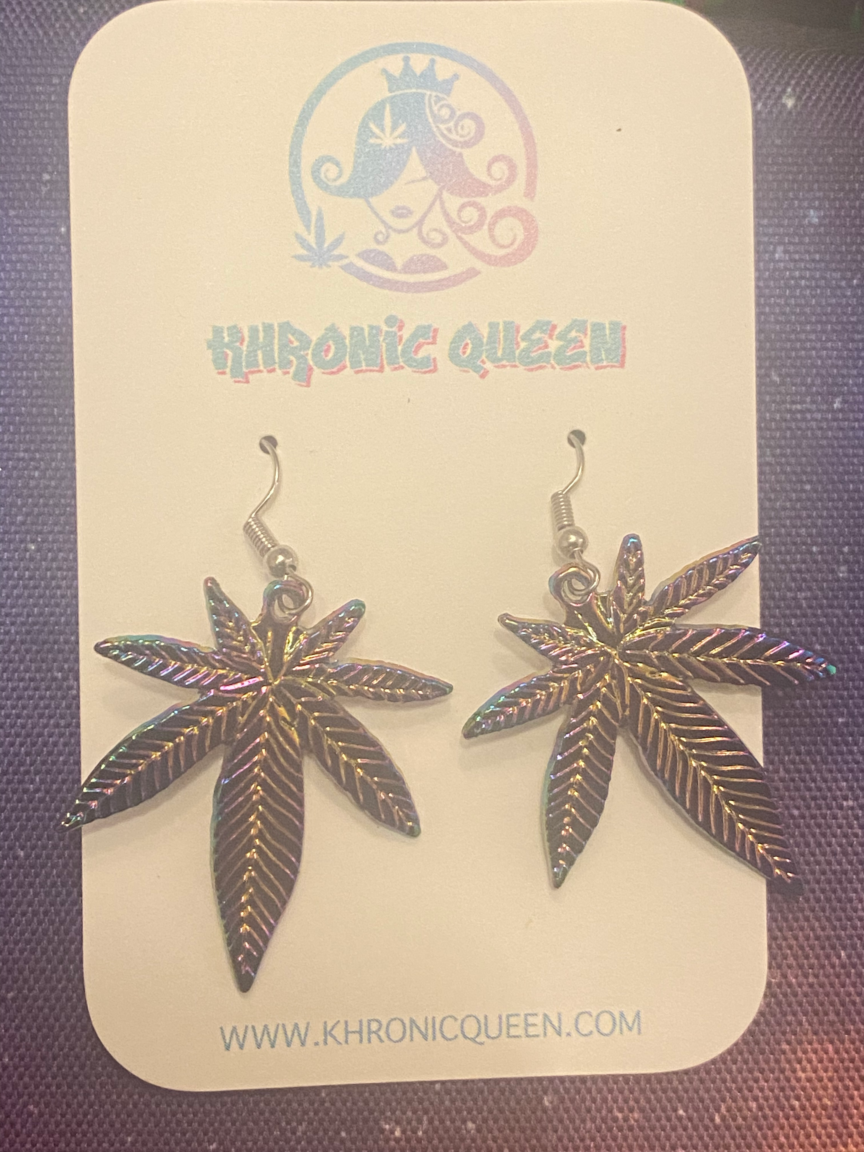 KHRONIC QUEEN Handmade rainbow metallic metal Cannabis leaf earrings 