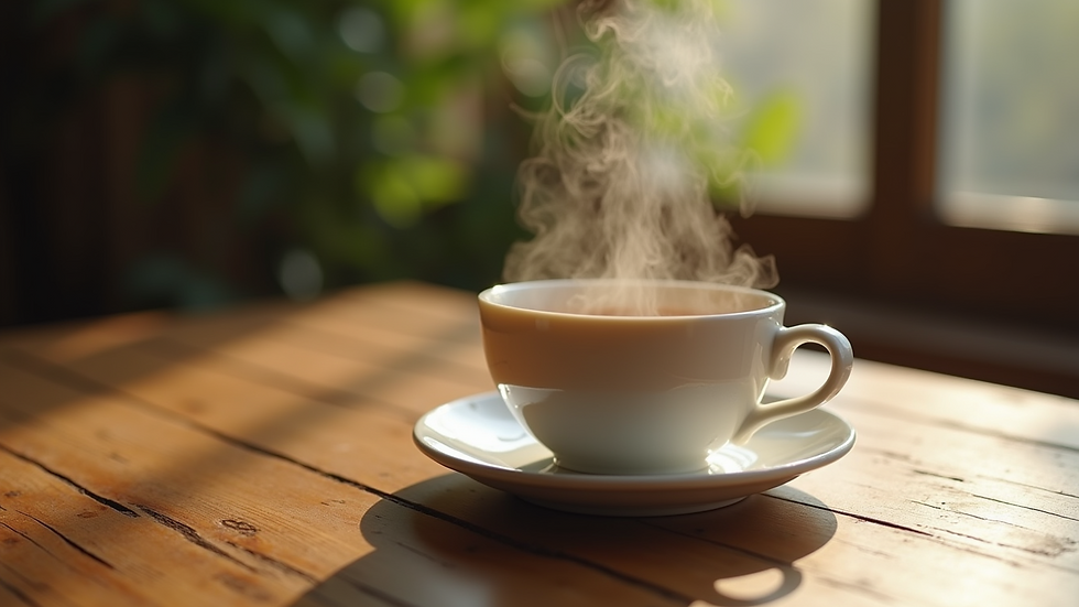 Close-up view of a steaming cup of herbal tea on a wooden table