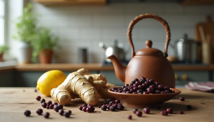 Eye-level view of fresh ginger root and elderberries next to a teapot on a kitchen counter