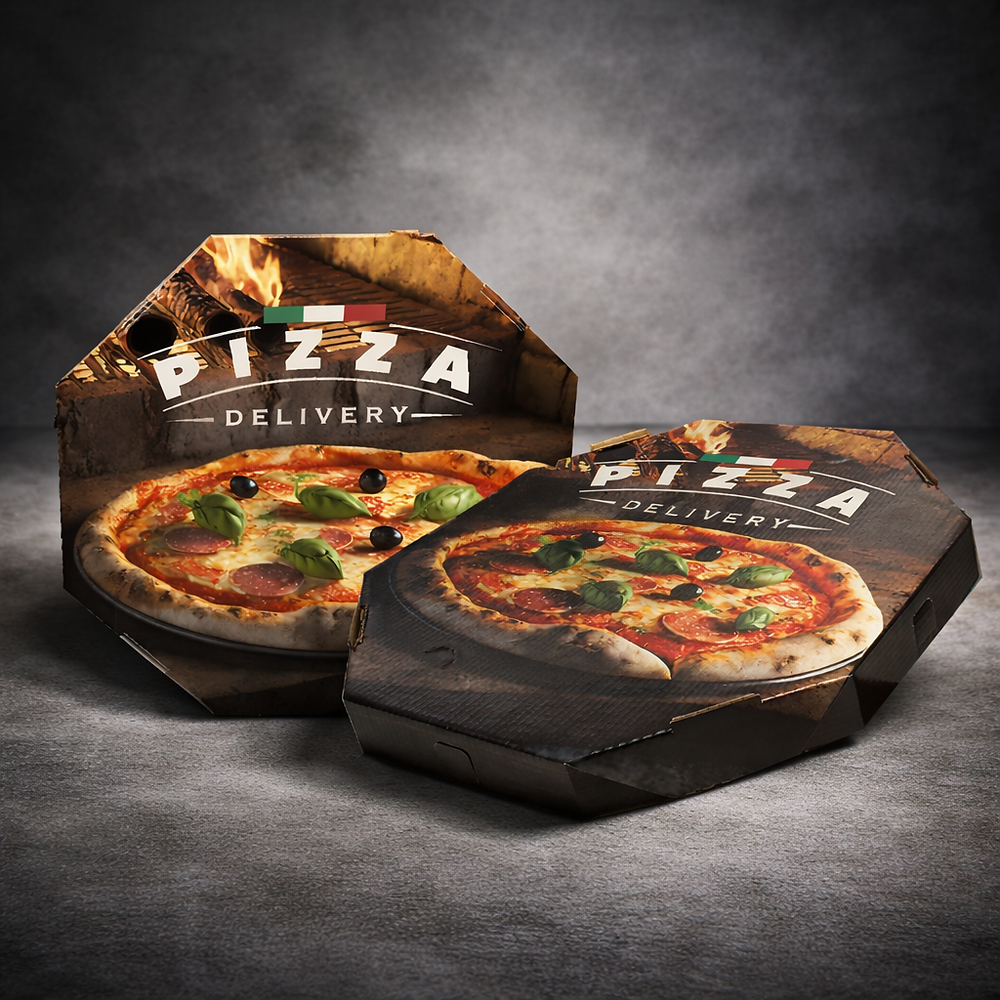 Caixa de pizza delivery personalizada criada por Daniel Sanchez.