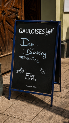 Schild vor der Pantheon Lounge in Augsburg zum Vatertag Event.