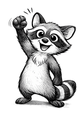 graphite sketch of a raccoon excitedly pumping it's fist in the air