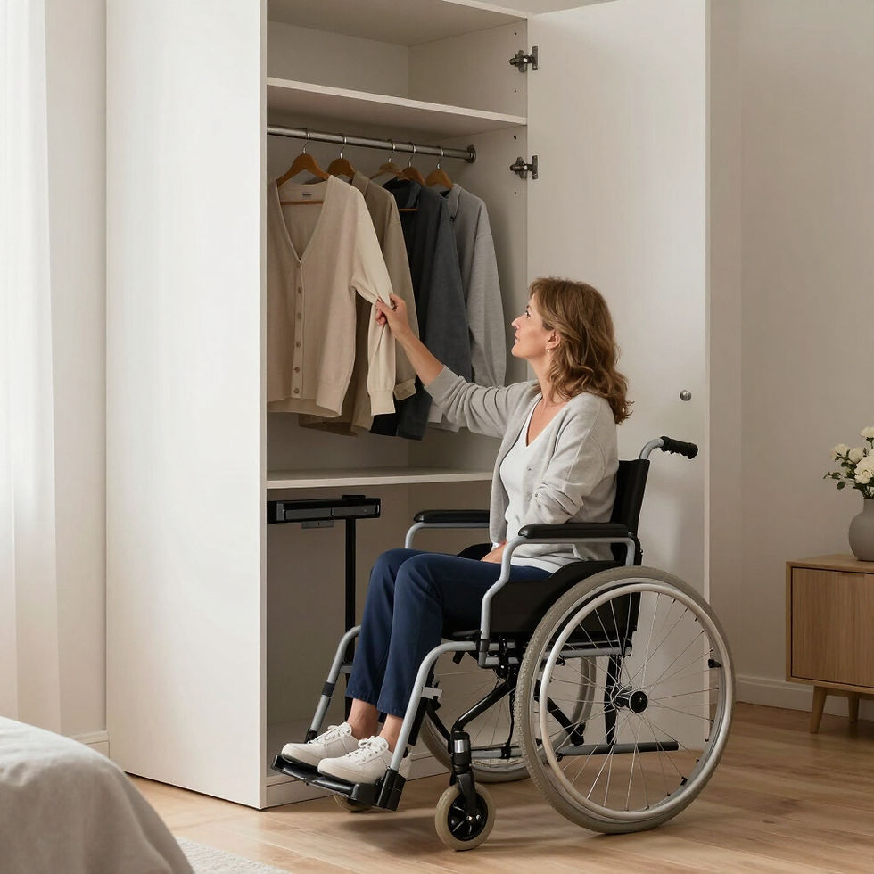 Woman in wheelchair sits beside her accessible closet