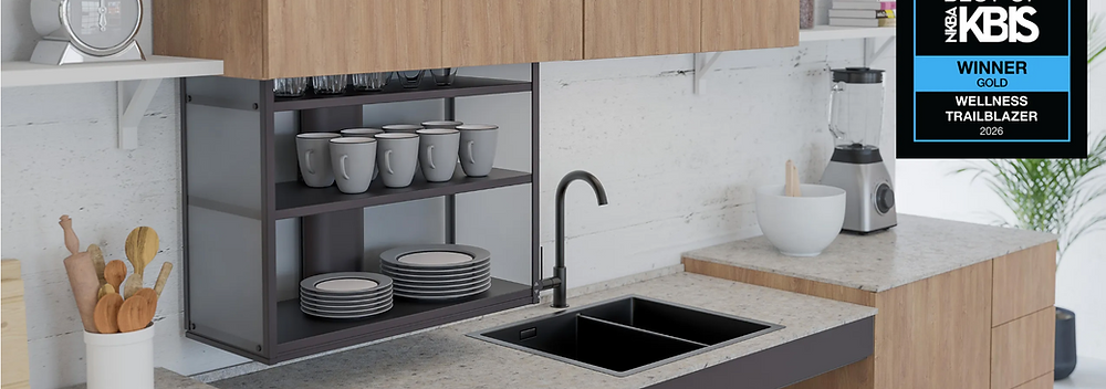 ADVANTAGES AND BENEFITS
- Lowers the shelf unit vertically down to the countertop.
- When lowered, there is free space on the worktop in front of the shelves.
- Installed in a new or existing cabinet from which the bottom has been removed.
- Safety plate stops the lowering if it comes in contact with any object on the underlying work surface.
- 3D available and preloaded in BIM object software.