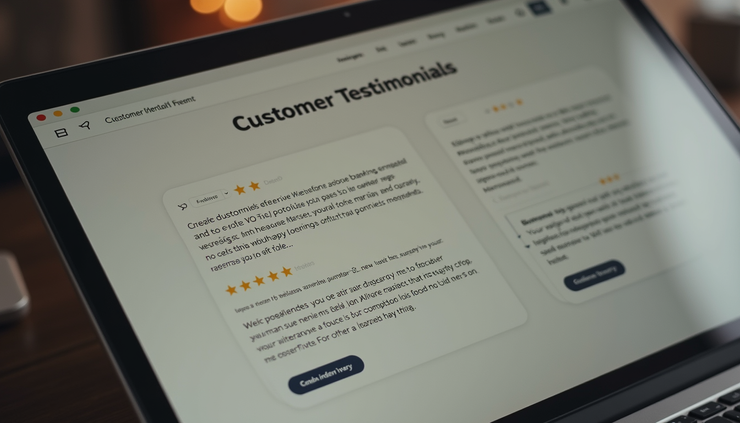 Close-up view of a website testimonial section with customer reviews and star ratings