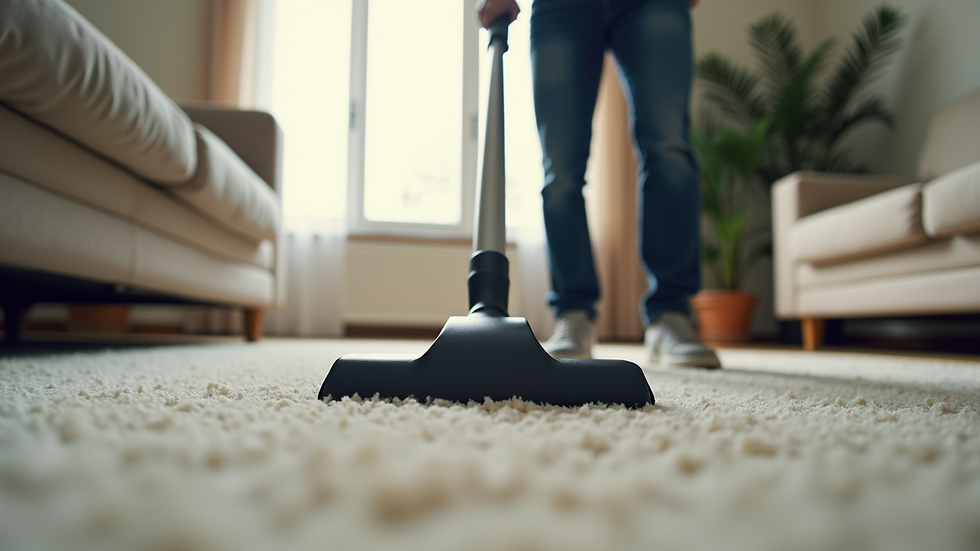 Eye-level view of a professional cleaner vacuuming a living room carpet