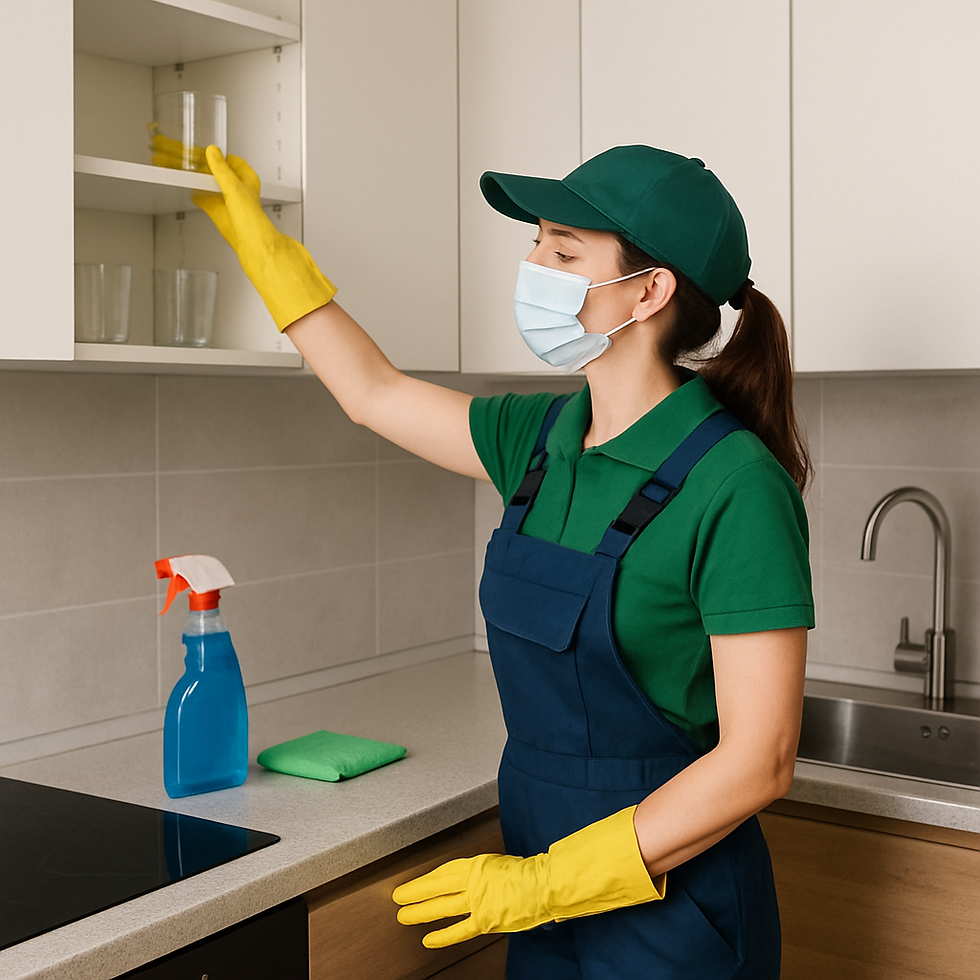 A professional cleaner organizing a modern kitchen