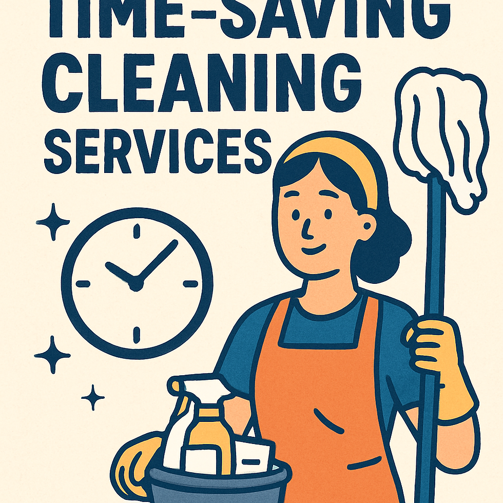 Cleaning lady with mop and bucket of supplies, wearing orange apron and gloves. Background features a clock and text: "Time-Saving Cleaning Services."