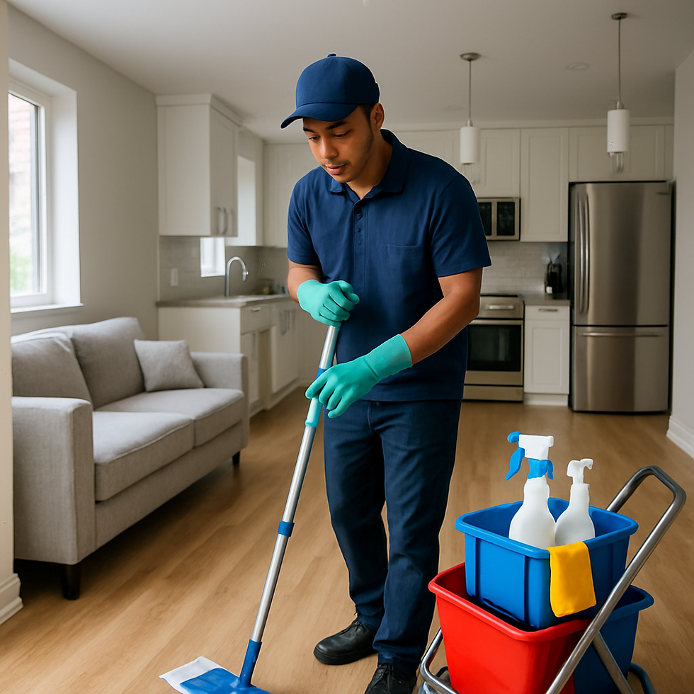 Man in blue outfit and gloves mops wood floor in clean kitchen. Cleaning supplies in red cart. Bright, tidy, and organized space.