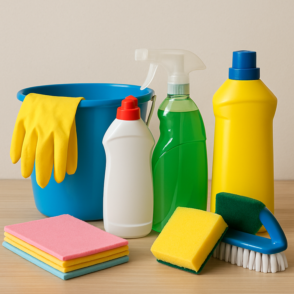 Cleaning supplies on a wooden table, including a blue bucket, yellow gloves, colorful sponges, and bottles with vibrant packaging.
