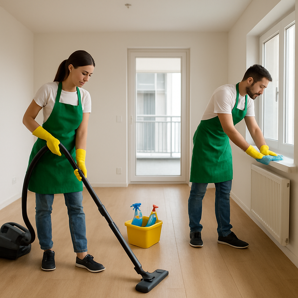 Two people in green aprons and yellow gloves clean a bright room. One vacuums the floor, the other wipes a windowsill. Cleaning supplies in a yellow bucket.