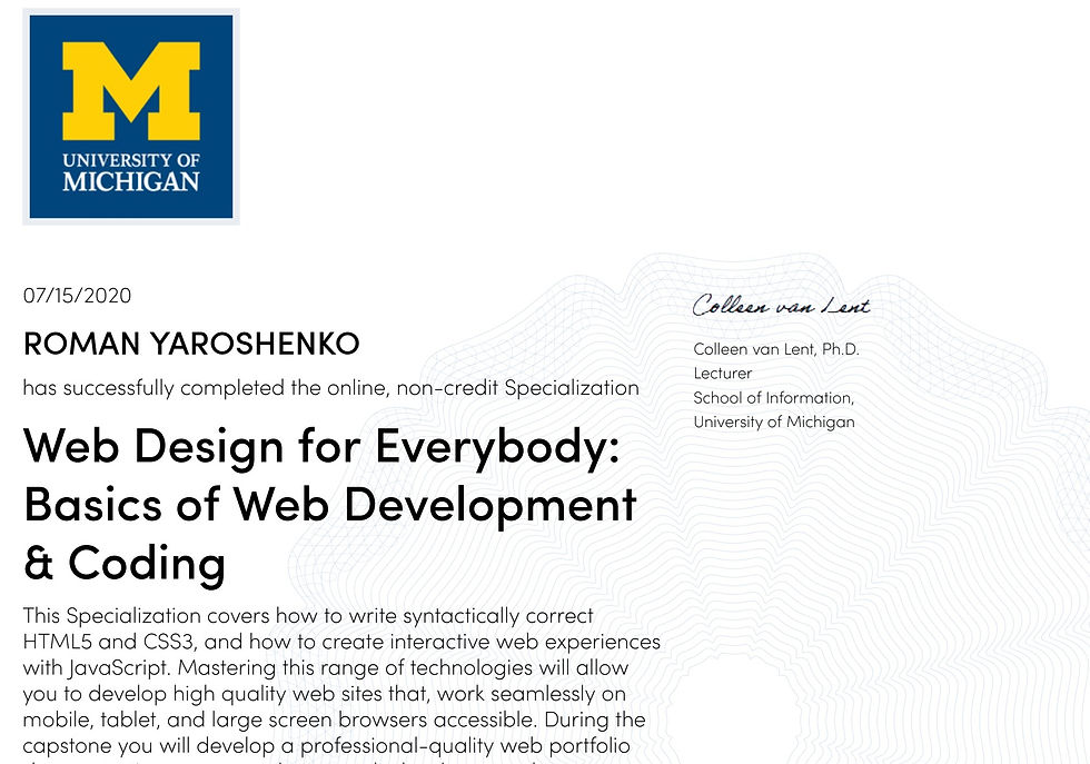 University of Michigan (Specialization) 'Web Design. Basics of Web Development & Coding'.p