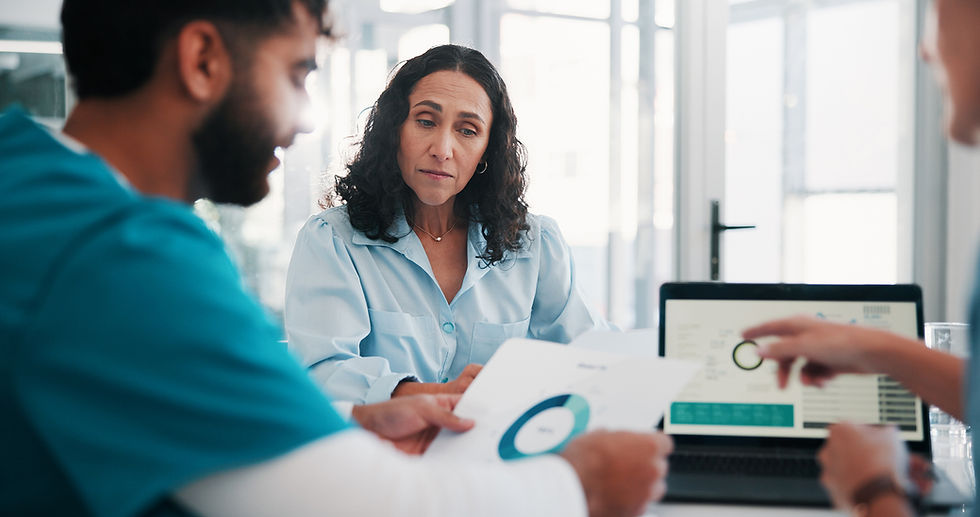 Talk, conversation and people in hospital with data analysis, discussion and technology in office