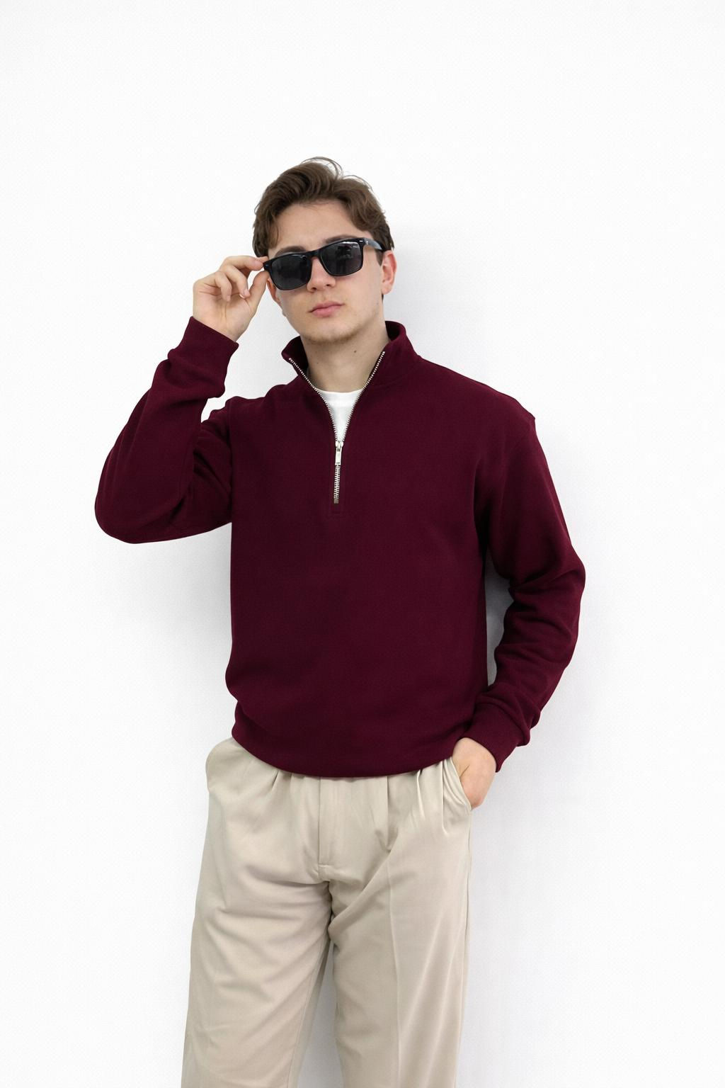 Erkek Bordo Half Zip Kazak