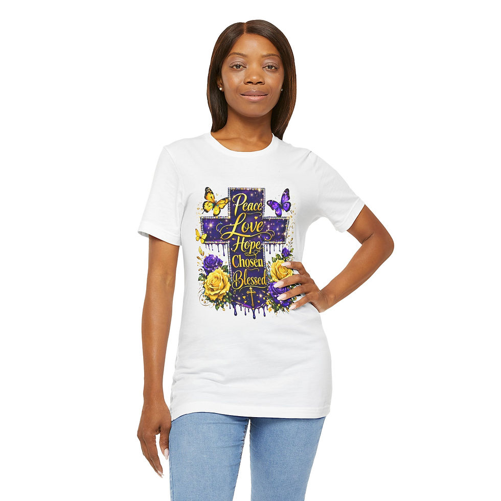 Thumbnail: Purple Peace Love Hope Chosen Blessed Tee – Faith & Identity Statement Shirt