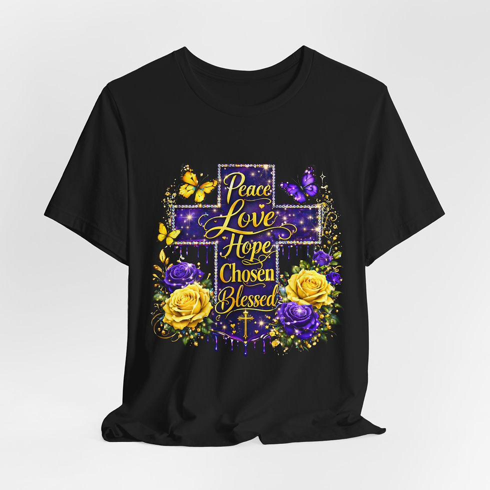Thumbnail: Purple Peace Love Hope Chosen Blessed Tee – Faith & Identity Statement Shirt