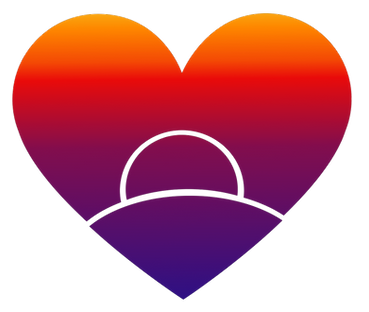 Heart with a sunrise shape in the middle. Coloured with a gradient of dark purple blending into the red and then orange