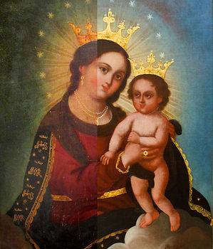 An oil painting depicting Mary holding Jesus with the left half of the image appearing soiled and the right half appearing cleaned.
