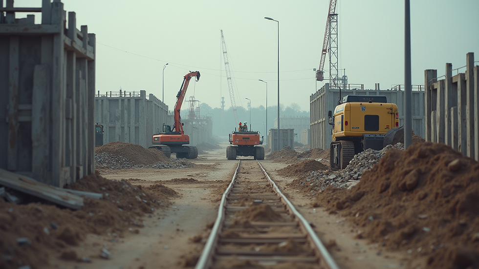 Vue en plongée d’un chantier de construction avec plusieurs ouvriers et machines