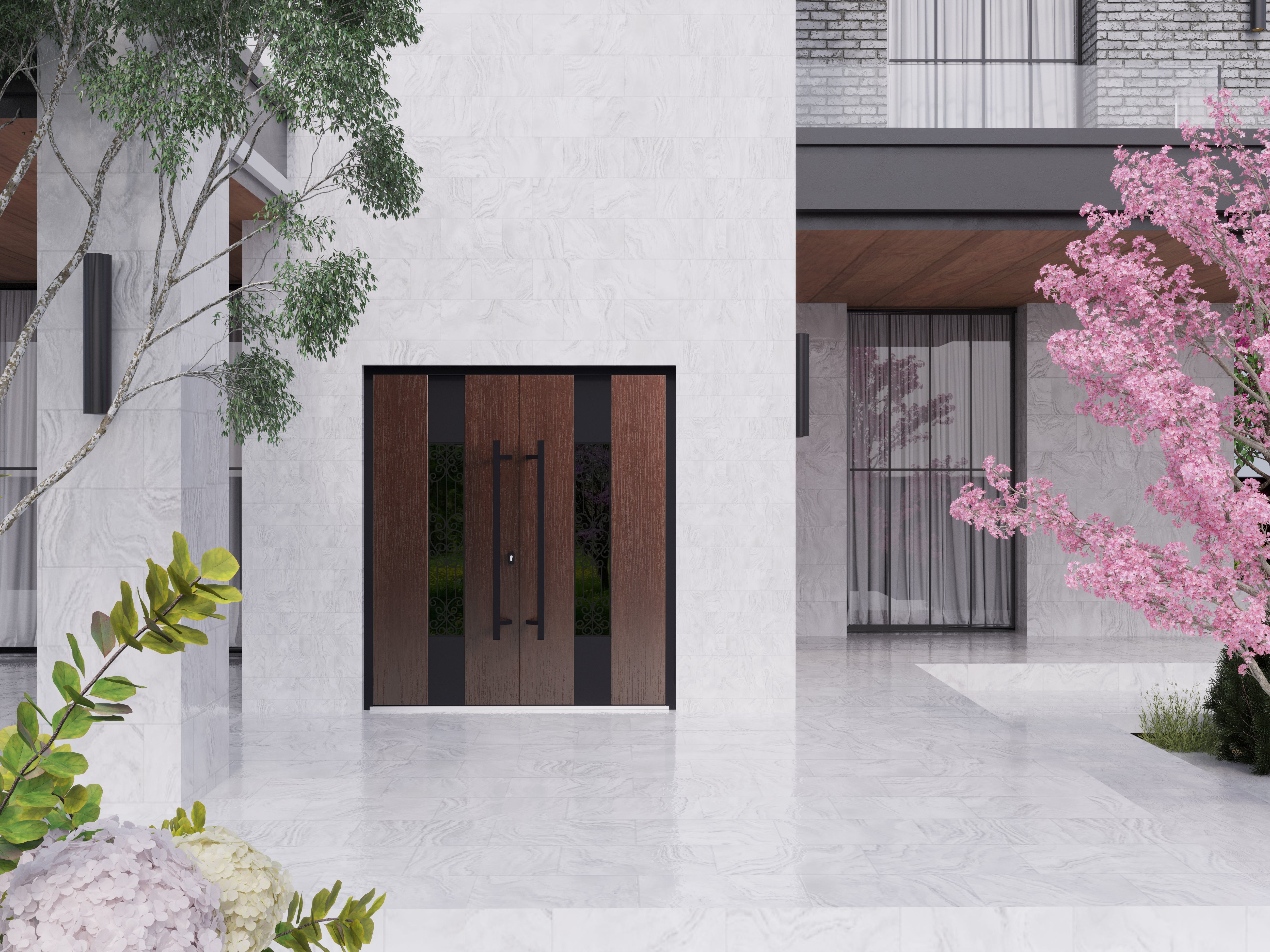 Front Exterior Prehung Aluminum Door / Ronex 1205 Bronze Oak / Mirrored Clear Gl