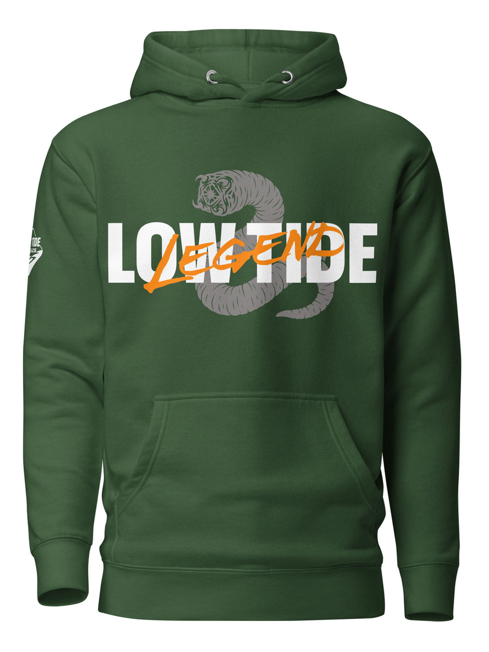 Low Tide Legend hoodie with bloodworm design behind text