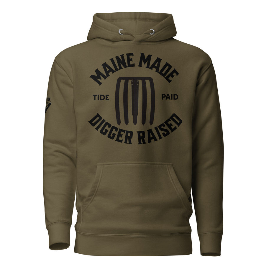 Maine Made Digger Raised Tide Paid Hoodie bold typography design