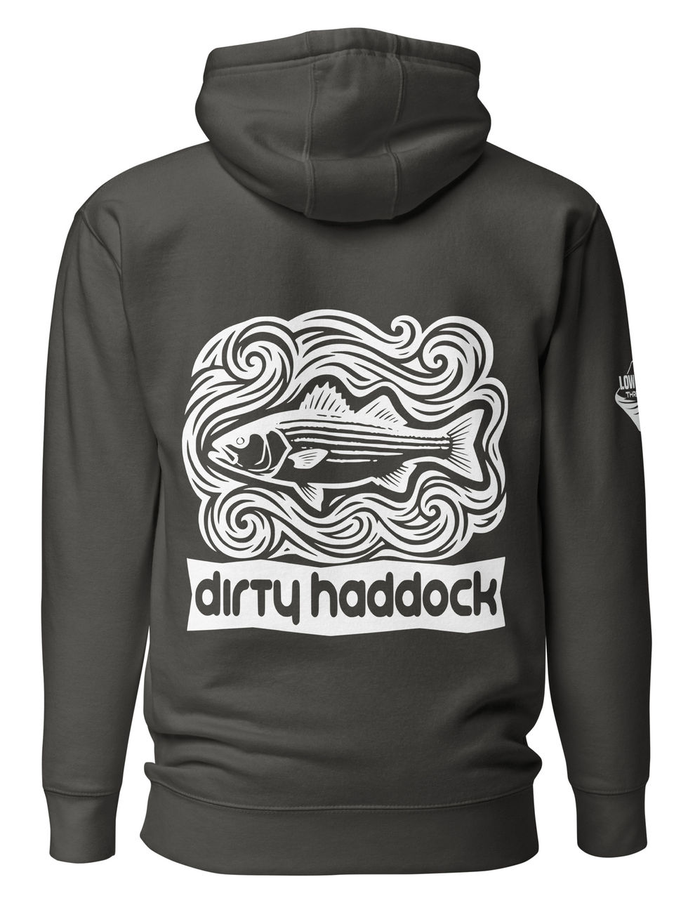 Dirty Haddock Hoodie – monocolor striped bass graphic pullover by Maine Low Tide Threads