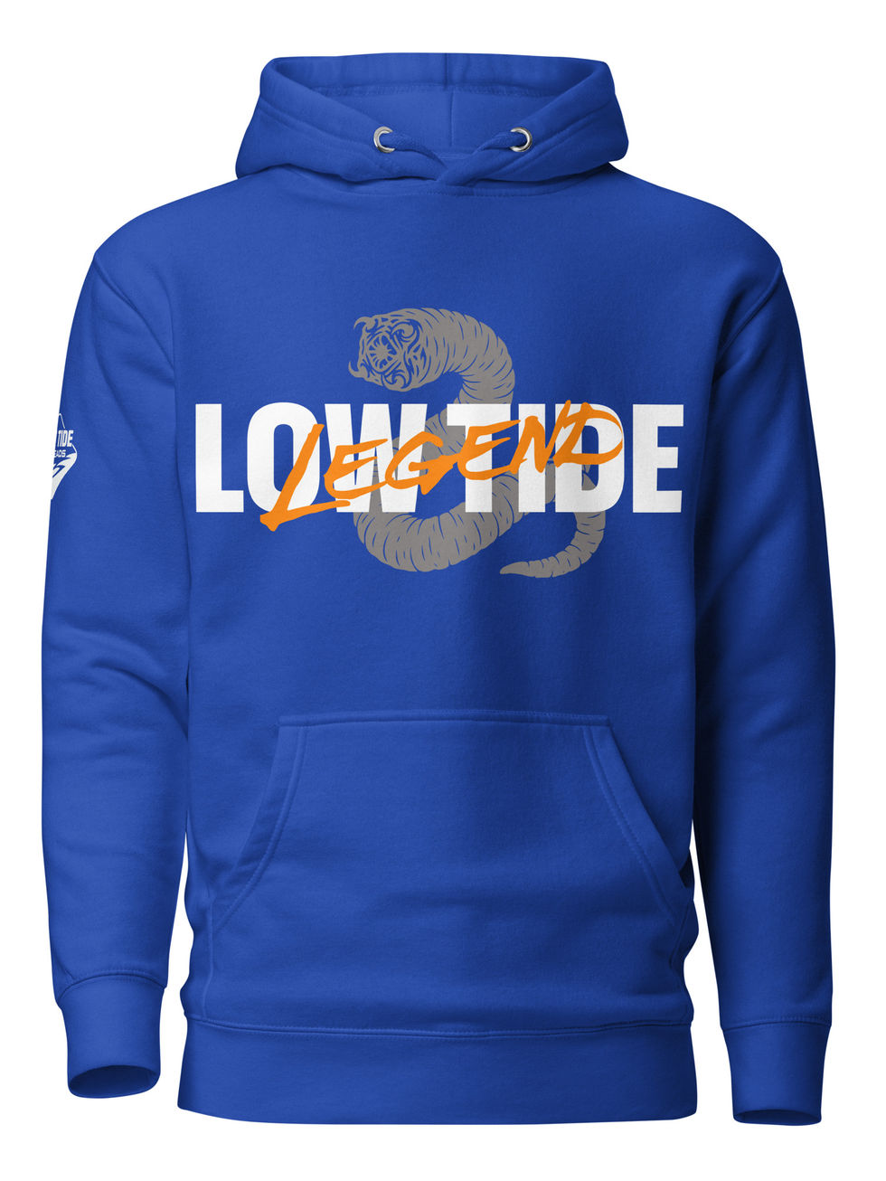 Low Tide Legend hoodie with bloodworm design behind text