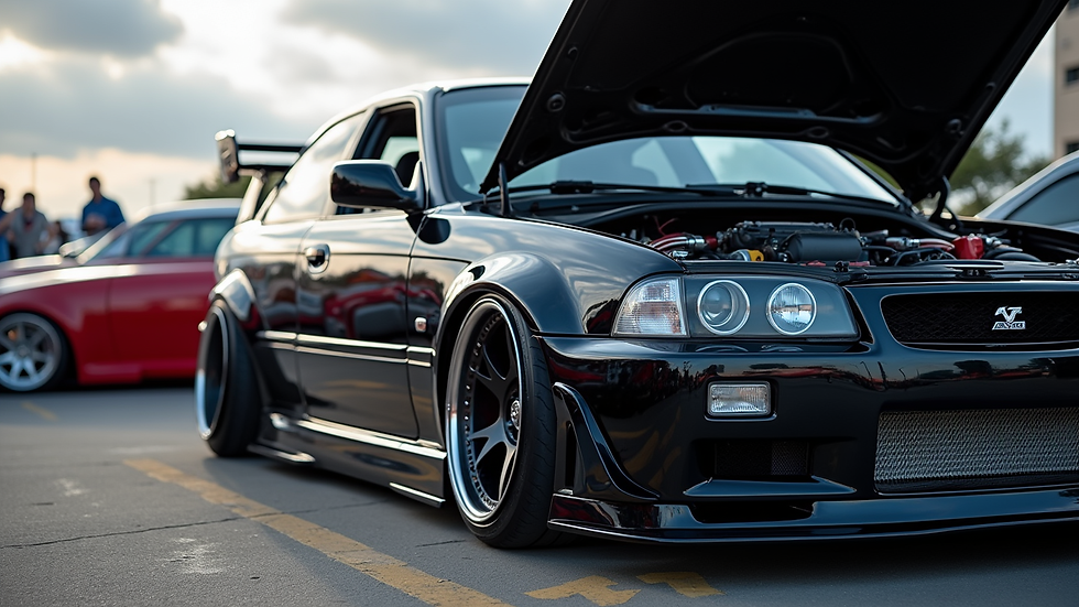 Eye-level view of a shiny tuned car with open hood at a tuning event