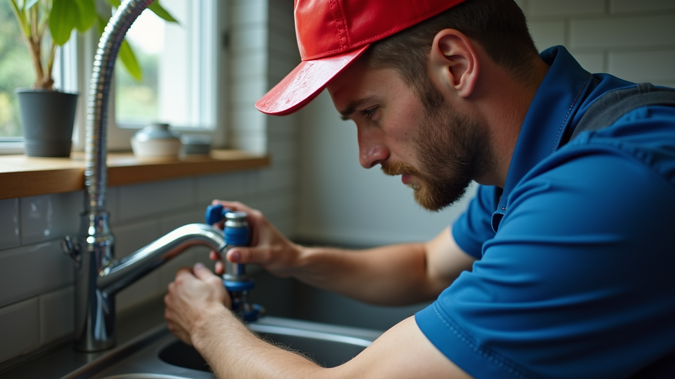 Close-up view of a plumber fixing a pipe under a kitchen sink