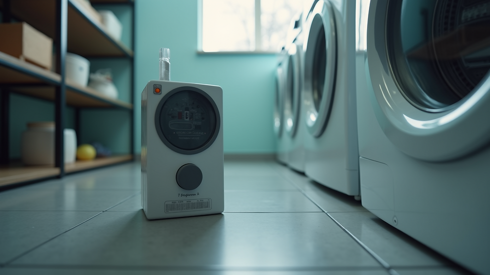 High angle view of a water leak detector placed near a washing machine