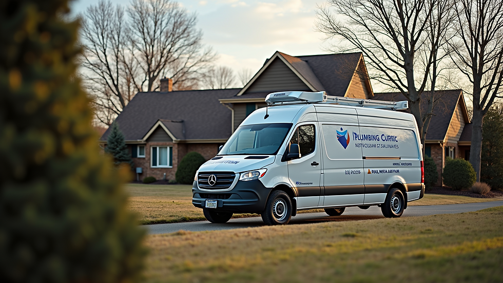 Eye-level view of a plumbing van parked outside a residential home
