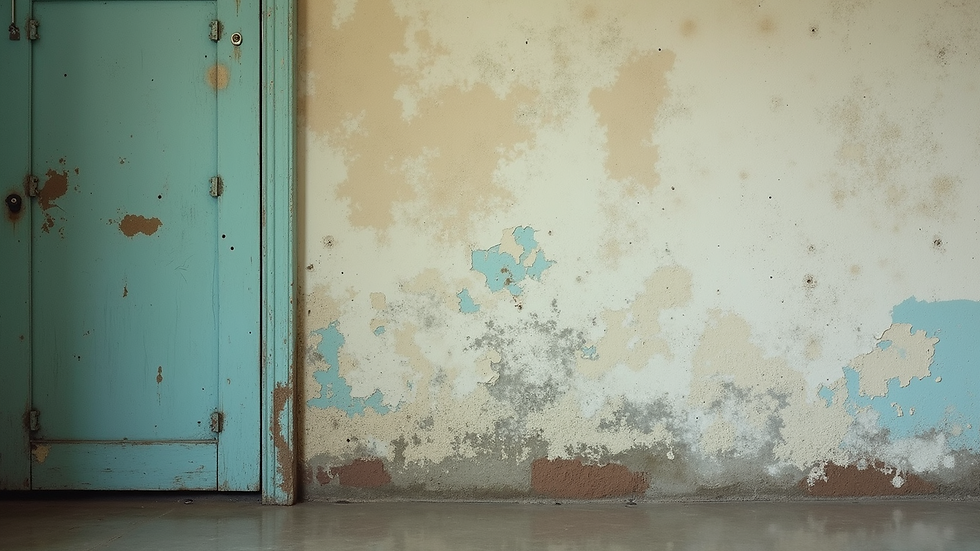 Eye-level view of a wall with water stains and peeling paint