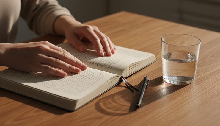 Close-up of hands resting on a handwritten journal