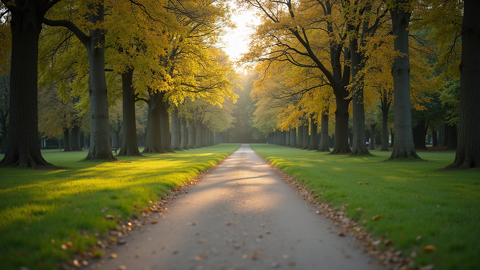 Eye-level view of a serene park with a walking path
