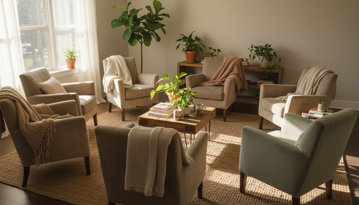 Wide-angle view of mismatched chairs arranged in a cozy room for an intimate conversation circle.
