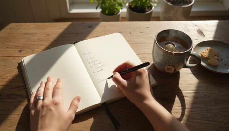 Overhead view of a person writing a short list in a journal beside a cup of tea.