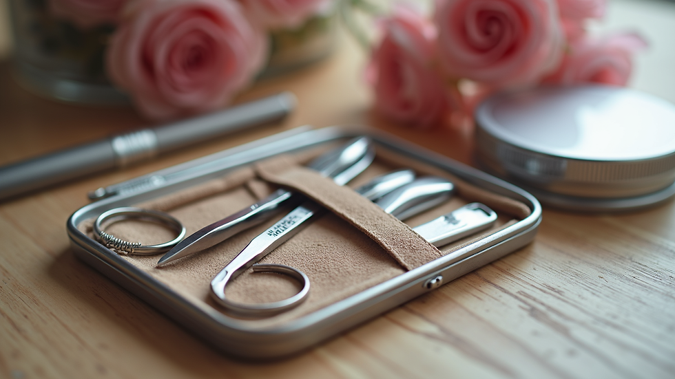 Close-up view of a nail care kit with various tools