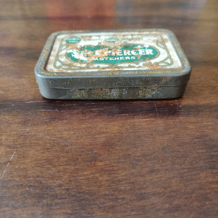 Vintage small tin skerfiercer? Fasteners full of George w Hughes pen nibs