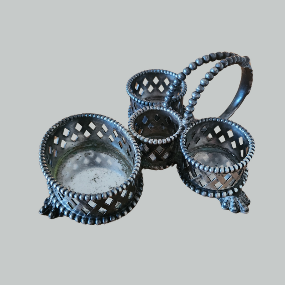 Antique Silver Plated Condiment Holder Elegant Victorian Openwork Design