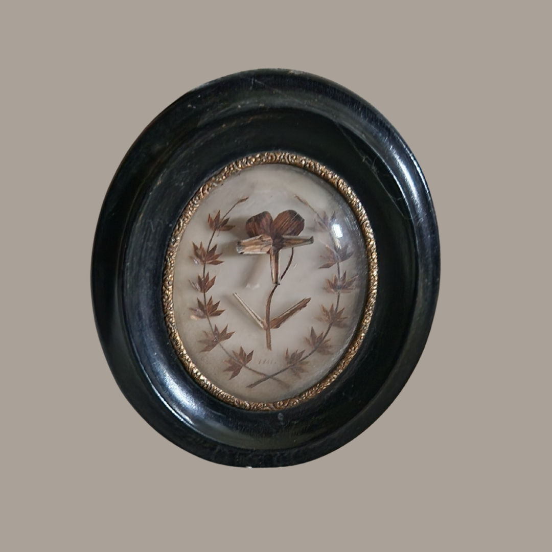 Victorian Mourning Memento with Pressed Botanical Flower – Dated 1861